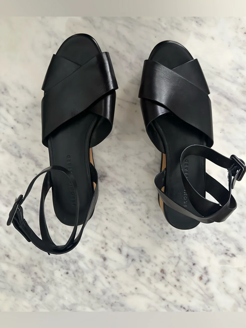 Veronica Beard Black Leather Platform Sandals with Wood-Effect Midsole